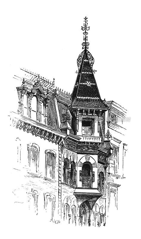 古董插图-纽约1881 -建筑-炮塔-第五大道-近二十二街